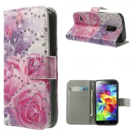 Etui for Galaxy S5 Mini m/kortlommer Glitter Roser