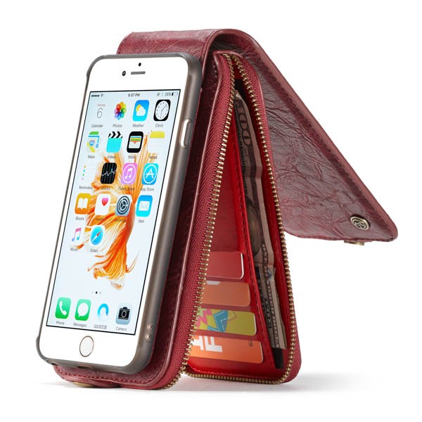 iPhone 6 Pluss/6s Pluss 5,5" 2i1 Mobilveske m/kortlommer og glidelås Rød