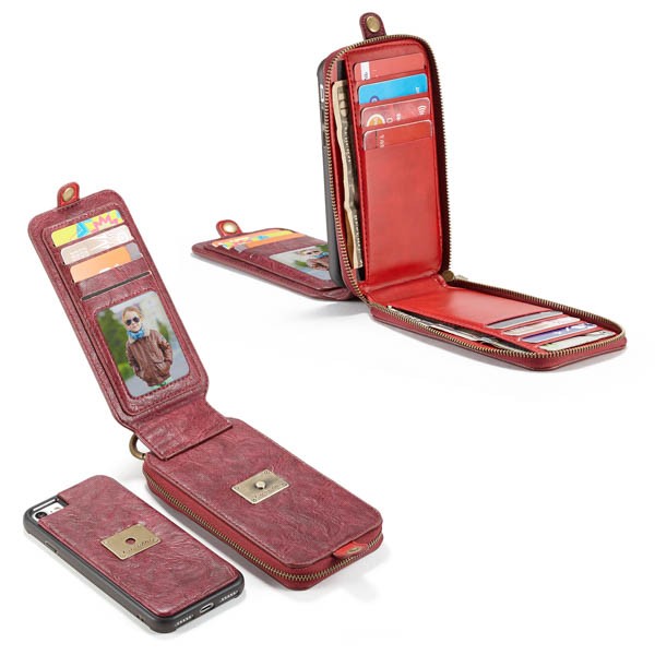 iPhone 7 4,7" 2i1 Mobilveske m/kortlommer og glidelås Rød