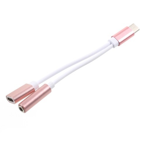USB Type-C 2i1 Adapter / Splitter - med 3.5 mm port - Rosegull