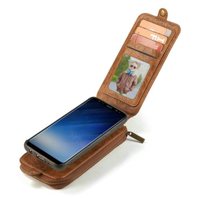 Galaxy S8+ 2i1 Mobilveske m/kortlommer og glidelås Lys Brun