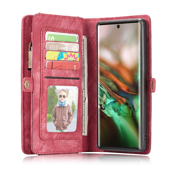 Galaxy Note 10 2i1 Etui m/multikortlommer av lær Rød