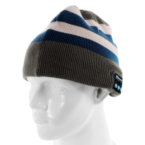 Strikkelue m/bluetooth headset Sporty Beige med Blå/Hvit striper