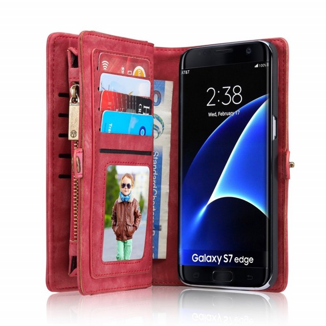 Galaxy S7 Edge 2i1 Etui m/multikortlommer av lær Rød