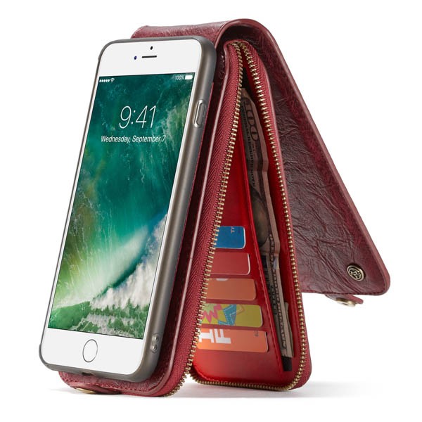 iPhone 7 Pluss 5,5" 2i1 Mobilveske m/kortlommer og glidelås Rød
