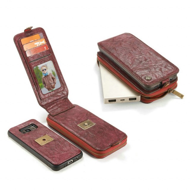 Galaxy S8 2i1 Mobilveske m/kortlommer og glidelås Rød
